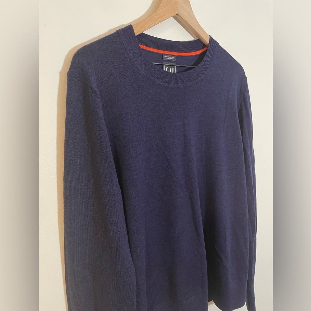 Gap 100% Merino Wool Navy Blue Crewneck Lightweight Sweater Machine Wash Sz XLT - Picture 4 of 9